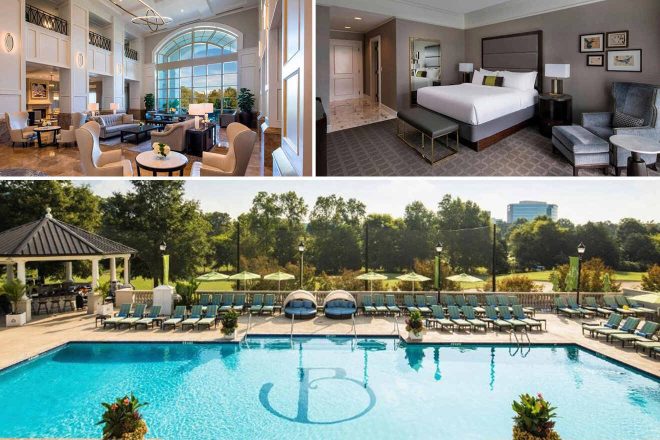 A collage of three hotel photos to stay in Charlotte: a spacious lobby with high ceilings and comfortable seating areas, a stylish bedroom with a sleek design and city view, and an outdoor pool area with ample loungers and a gazebo.